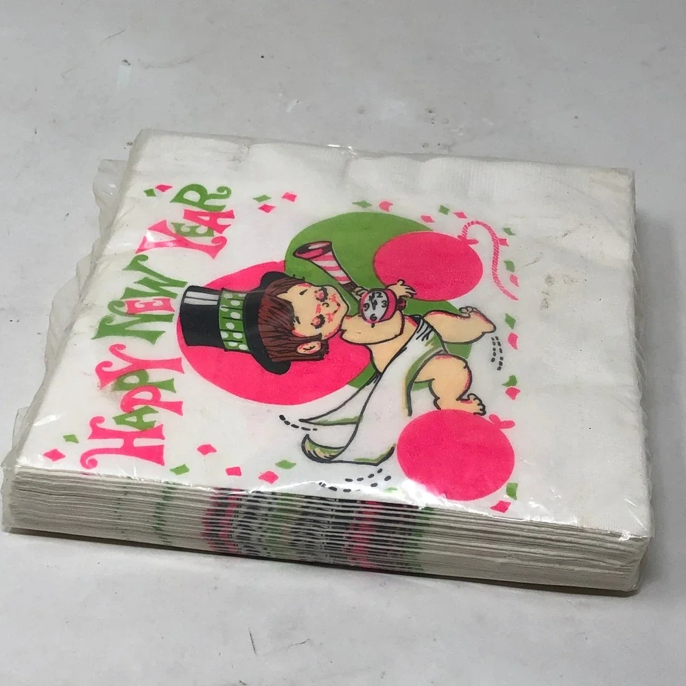 Vintage Happy New Year Paper Napkins Baby Pink Green Reed 20 Count New NIP